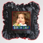 Big Black Square Cushion With Personalized Photo and Red Lace Border